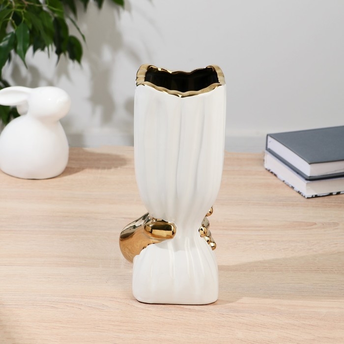 Керамическая ваза декоративная настольная «Дерк» полосы, для цветов, сухоцветов, d-9.5 см, h-24.5 см, золотисто-белый Керамическая ваза декоративная настольная «Дерк» полосы, для цветов, сухоцветов, d-9.5 см, h-24.5 см, золотисто-белый