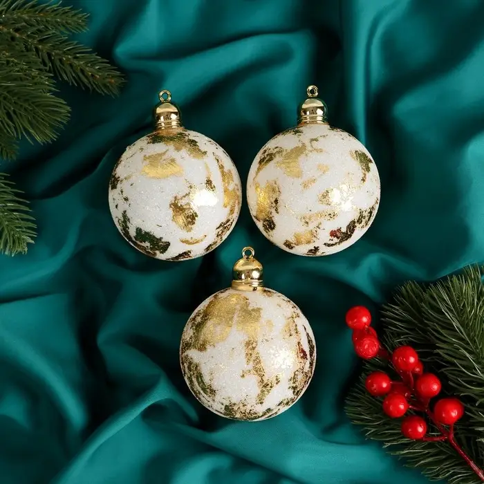 Набор шаров пластик d-8 см, 3 шт "Роуз" бело-золотой