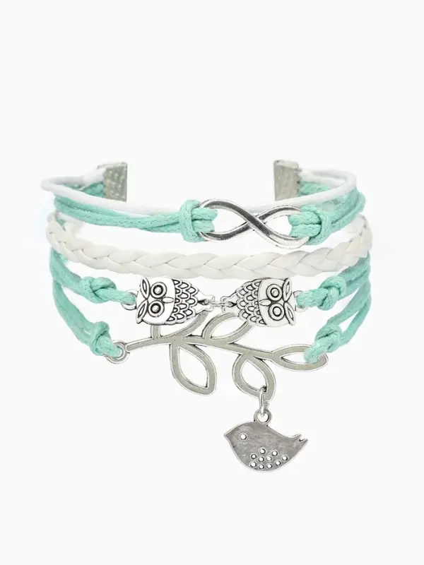 Браслет кожаный &laquo;Совы, веточка и знак бесконечности&raquo;, L=20 см, 5 нитей, бирюзовый