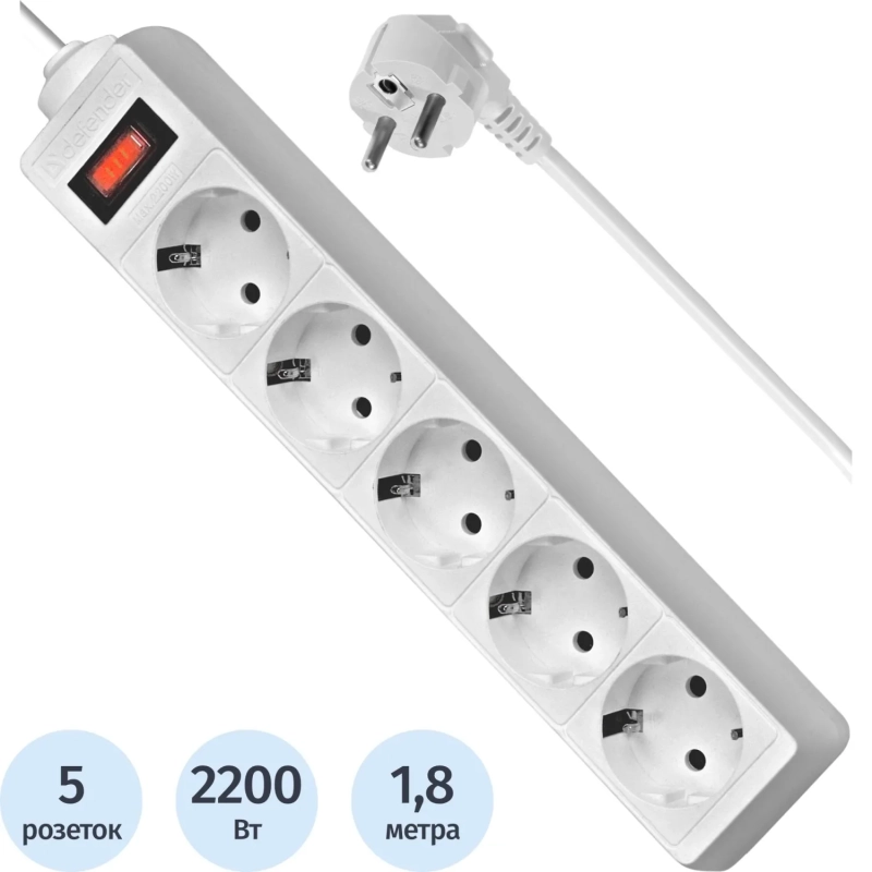 Сетевой фильтр Defender  ES 1.8 1,8 м, белый, 5 розеток(99481)