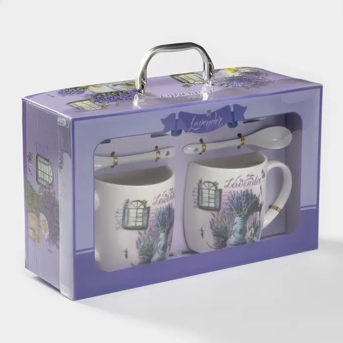 Набор кружек с ложками и подставками &laquo;Букет лаванды&raquo;, 2 предмета: 330 мл, керамика, рисунок МИКС