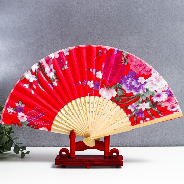 Веер бамбук, текстиль h=21 см  Веер бамбук, текстиль h=21 см "Цветы" с чехлом, красный