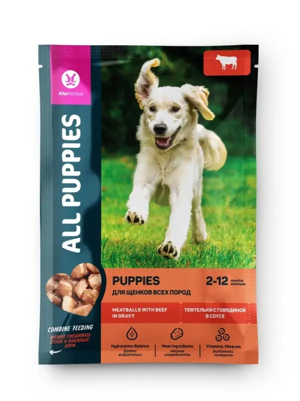 Влажный корм ALL PUPPIES для щенков, тефтельки с говядиной в соусе, пауч, 85 г