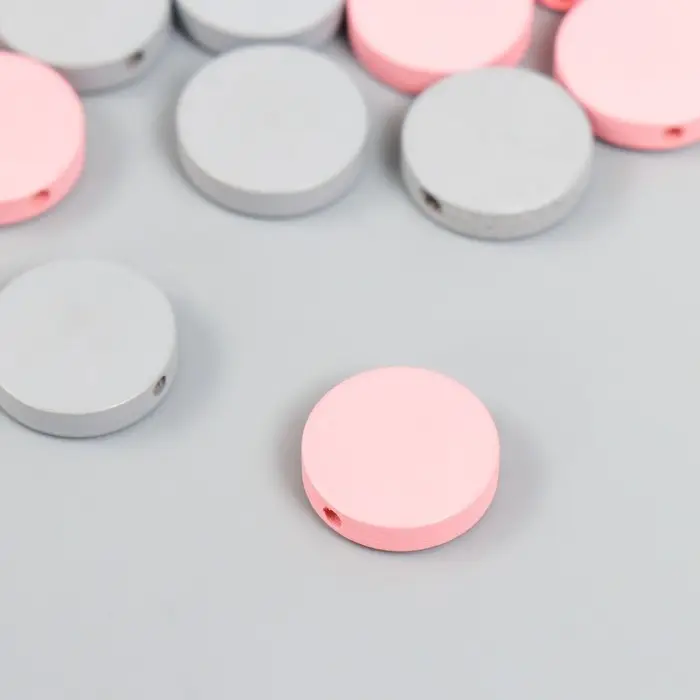 Бусины для творчества дерево "Плоский круг" набор 20 шт розовый, серый 0,4х1,5х1,5 см