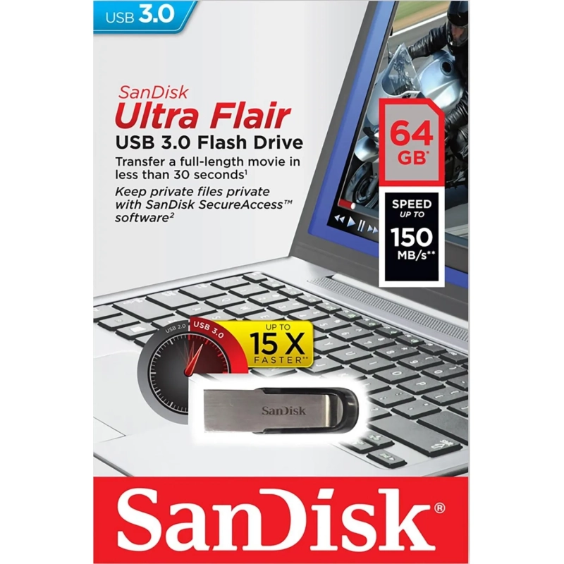 Флеш-память SanDisk Ultra Flair, 64Gb, USB 3.0, с/чер, SDCZ73-064G-G46