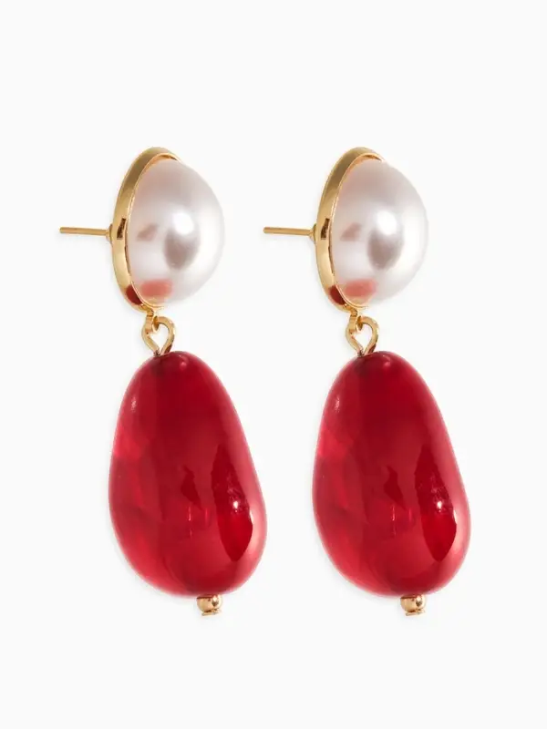 Серьги акрил с жемчугом "Капля", цвет бордово-белый в золоте