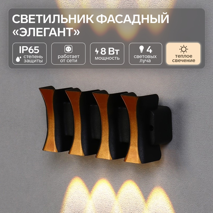 Светильник фасадный «Элегант», FSD-041, 8 Вт, 3000К, 4 луча, IP65, 220 В, пластик, черный Светильник фасадный «Элегант», FSD-041, 8 Вт, 3000К, 4 луча, IP65, 220 В, пластик, черный