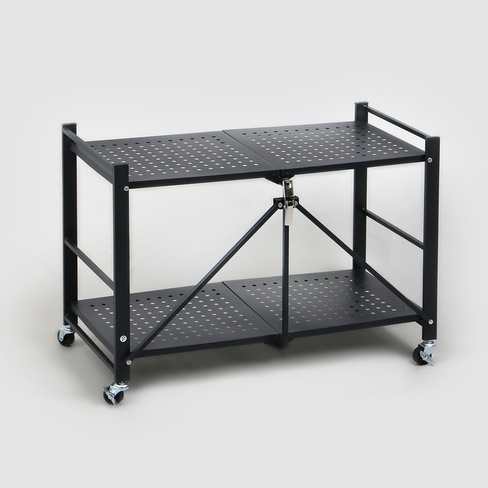 Стеллаж складной на колесах, 2 полки, 71,5×34×55, цвет чёрный матовый