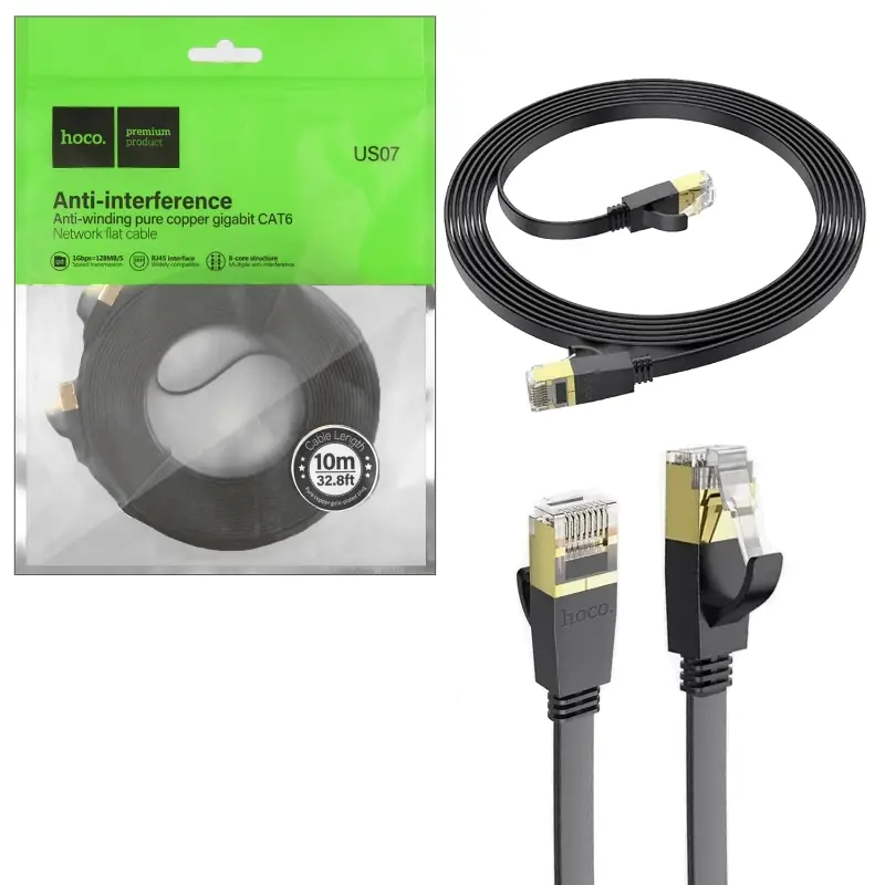 Кабель патч-корд US07 RJ45 - RJ45 General 10м 1 Гбит/с чёрный, золотая вставка HOCO