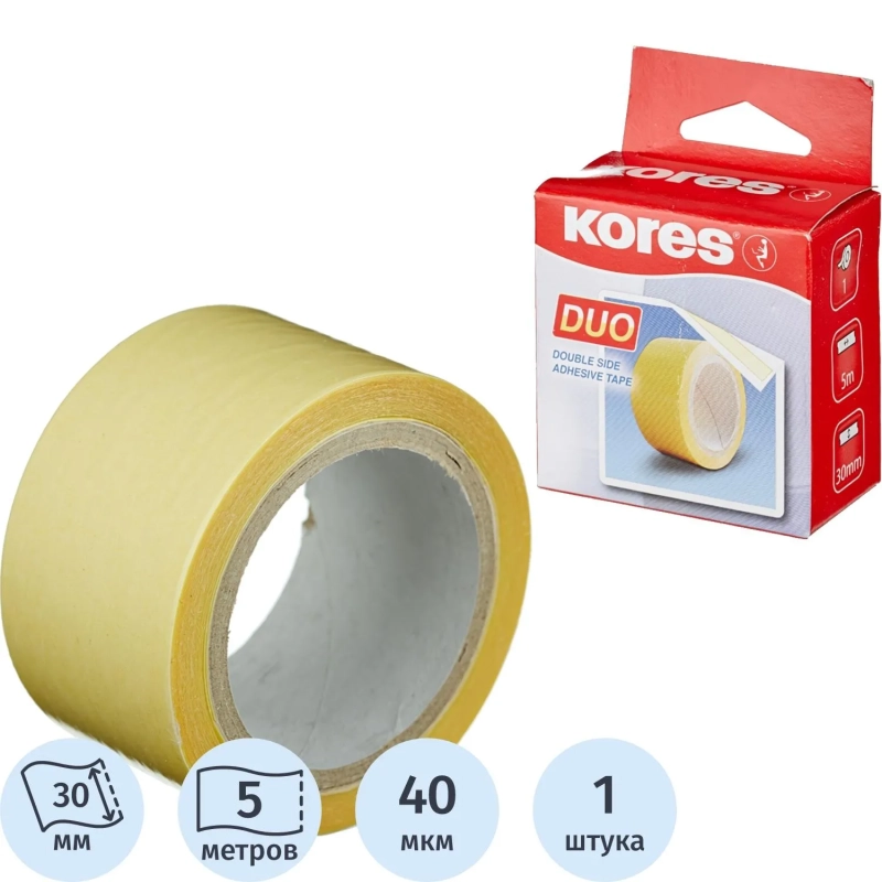 Клейкая лента канцелярская KORES двусторонняя 30х5 55530