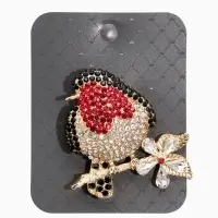 Брошь "Снегирь" в стразах, цвет чёрно-красный в золоте