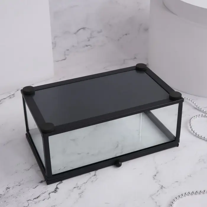 Стеклянная шкатулка для украшений с крышкой, зеркальным основанием, 14.5&times;8.5 см, прозрачная, чёрный каркас
