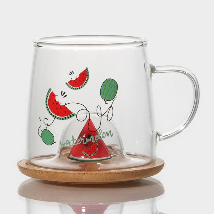 Кружка стеклянная с деревянной крышкой «Арбузик», 300 мл