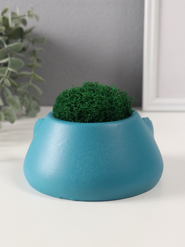Кашпо бетонное "Злобный смех" со мхом 15,5*12,5*6 см голубой (мох зеленый стабилизирован)