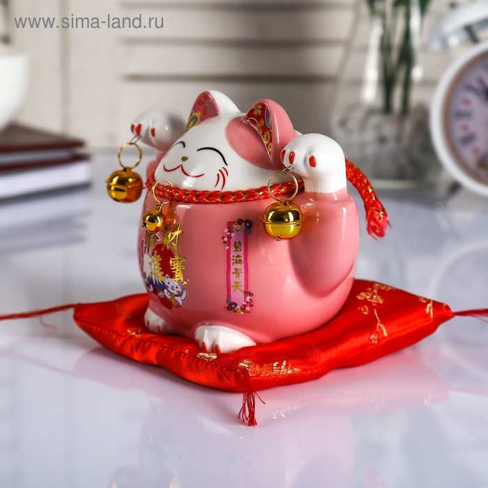 Копилка керамика Копилка керамика "Кот манэки-нэко розовый с колокольчиками" 10,5х13,5х9 см