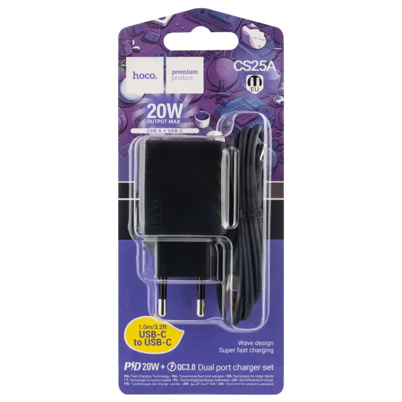 Сетевое зарядное устройство с кабелем Type-C на Type-C PD20W + USB QC3.0 CS25A  HOCO черное