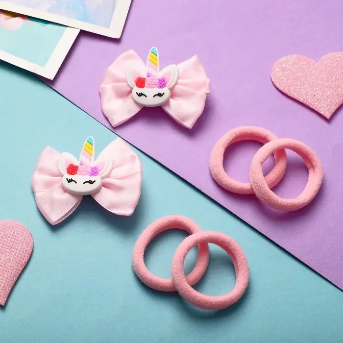 Набор для волос Набор для волос "София" (4 резинки, 2 зажима) бантик единорожки, розовый
