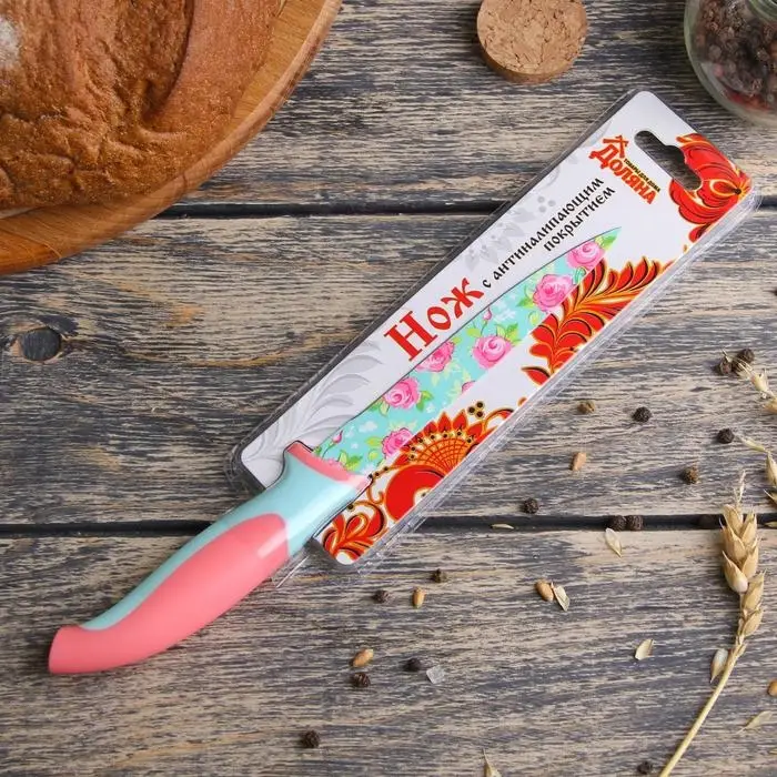 Нож кухонный с антиналипающим покрытием Доляна «Цветочки», лезвие 12 см, голубой