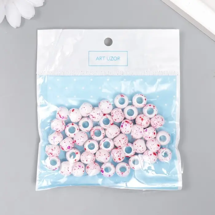 Бусины для творчества пластик "Брызги краски. Фуксия на белом" d=1 см набор 20 гр