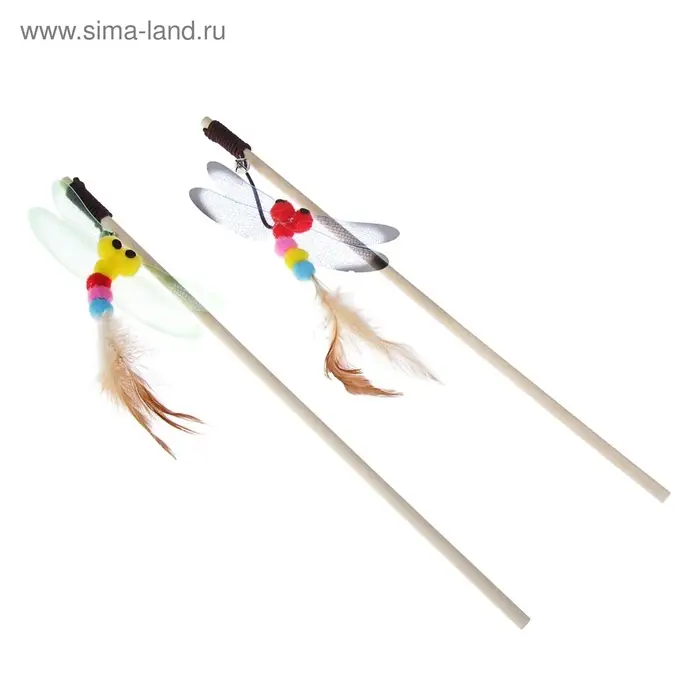Дразнилка-удочка &laquo;Стрекоза&raquo;, деревянная палочка 40 см, микс цветов