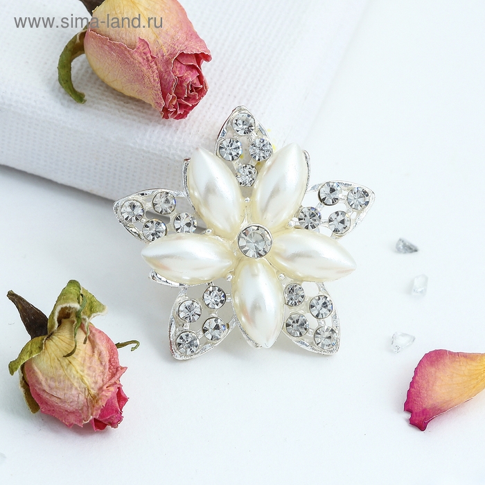 Брошь &laquo;Ассорти&raquo; цветы рисовые, цвет белый в серебре
