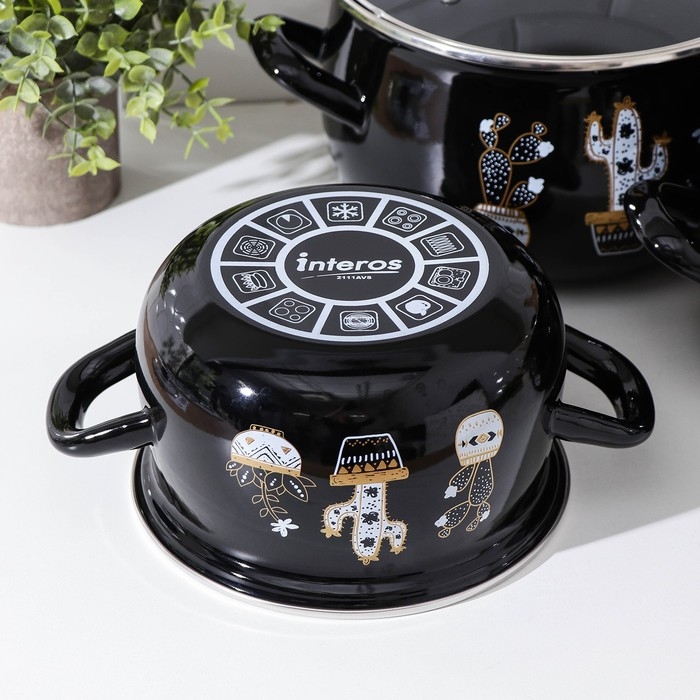 Набор кастрюль «Чёрные кактусы», 3 предмета: 2,1 л, 3,1 л, 4 л, индукция Набор кастрюль «Чёрные кактусы», 3 предмета: 2,1 л, 3,1 л, 4 л, индукция