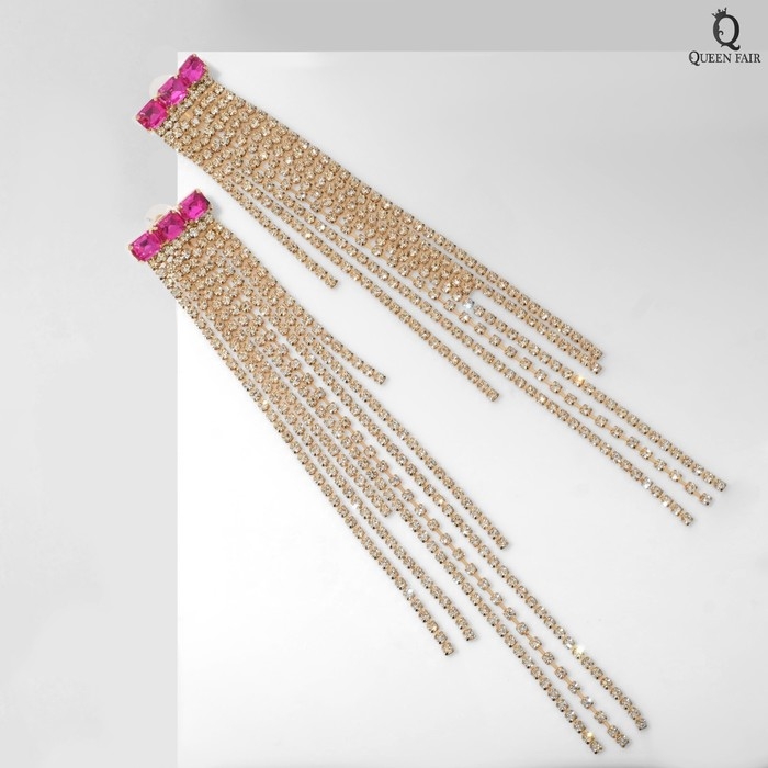 Серьги висячие со стразами «Мулен Руж» водопад, цвет розово-белый в золоте, 19 см