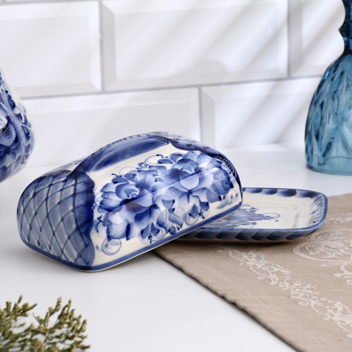 Маслёнка Маслёнка "Цветы", прямоугольная, 8 х 17 см, гжель