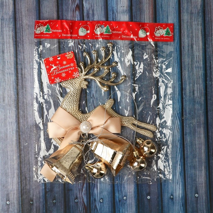 Украшение новогоднее  Украшение новогоднее "Уютная сказка" колокольчики олень бант бусина, 14х33 см, золото