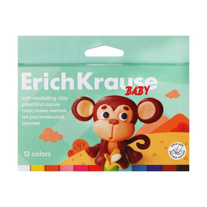 Пластилин мягкий 12 цветов, 180 г, ErichKrause Пластилин мягкий 12 цветов, 180 г, ErichKrause "Baby", на растительно основе, с Алоэ Вера , европодвес
