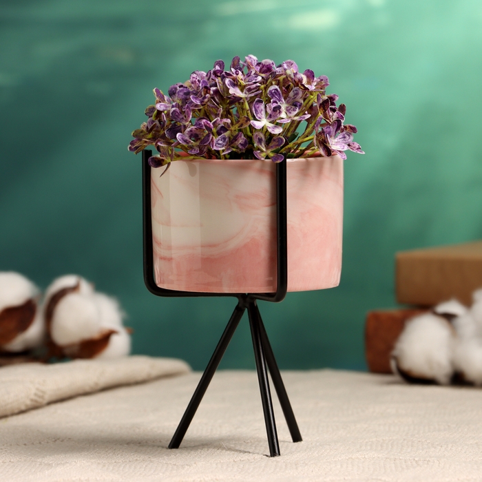 Кашпо  Кашпо "Цилиндр" розовое, на черной подставке, 13х8см