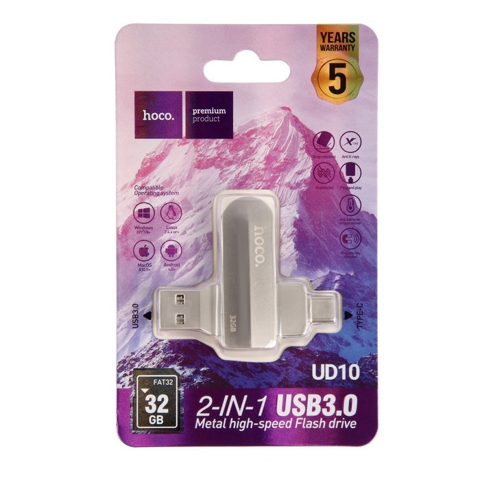 Флешка OTG Hoco UD10 Wise, 32 Гб, USB3.0, USB/Type-C, чт до 120 Мб/с, зап до 30 Мб/с, металл Флешка OTG Hoco UD10 Wise, 32 Гб, USB3.0, USB/Type-C, чт до 120 Мб/с, зап до 30 Мб/с, металл