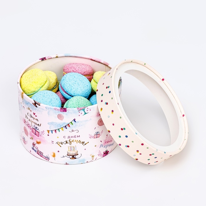 Коробка для макарун тубус с окном Коробка для макарун тубус с окном " С Днем Рождения!" 16 х 16 х 9 см