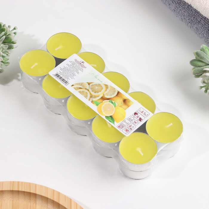Набор чайных свечей ароматических в термоусадке  Набор чайных свечей ароматических в термоусадке "Лимон", 3,8х1,6 см, 3,5 ч, 12 г, 20 штук