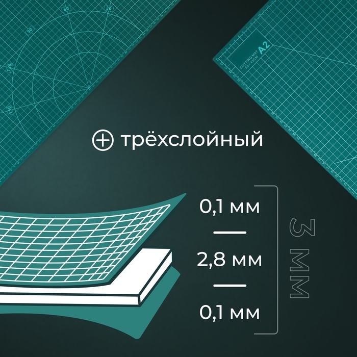 Мат для резки, трёхслойный, 60 × 45 см, А2, цвет зелёный Мат для резки, трёхслойный, 60 × 45 см, А2, цвет зелёный