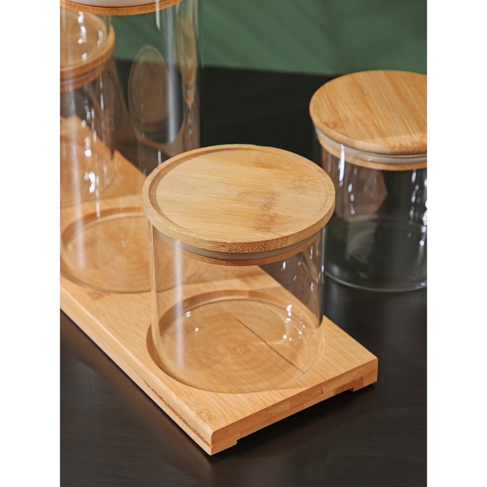 Банки стеклянные для хранения сыпучих продуктов BellaTenero «Эко», 5 предметов: 4 банки 600 мл, 1 банка 1300 мл, с бамбуковой крышкой