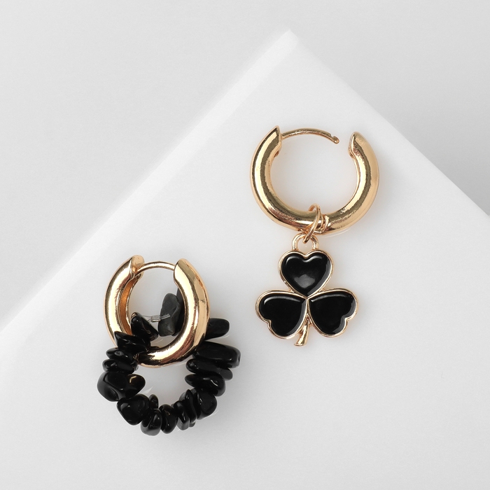 Серьги со съёмным элементом «Трансформер» клевер-сердце, цвет чёрный в золоте Серьги со съёмным элементом «Трансформер» клевер-сердце, цвет чёрный в золоте