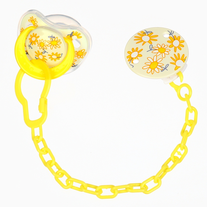 Набор: Соска - пустышка с держателем «Цветы», ортодонтическая, +6 мес, цвет желтый Набор: Соска - пустышка с держателем «Цветы», ортодонтическая, +6 мес, цвет желтый