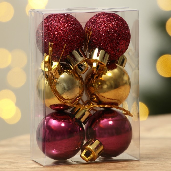 Шары ёлочные новогодние, на Новый год, пластик, d=3 см, 6 шт., цвет винный и золотой Шары ёлочные новогодние, на Новый год, пластик, d=3 см, 6 шт., цвет винный и золотой