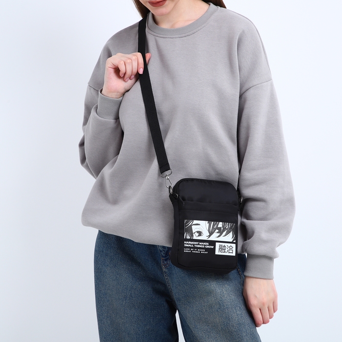 Сумка молодёжная на длинном ремне Anime, 20 х 15 х 3 см, отдел на молнии, цвет чёрный Сумка молодёжная на длинном ремне Anime, 20 х 15 х 3 см, отдел на молнии, цвет чёрный