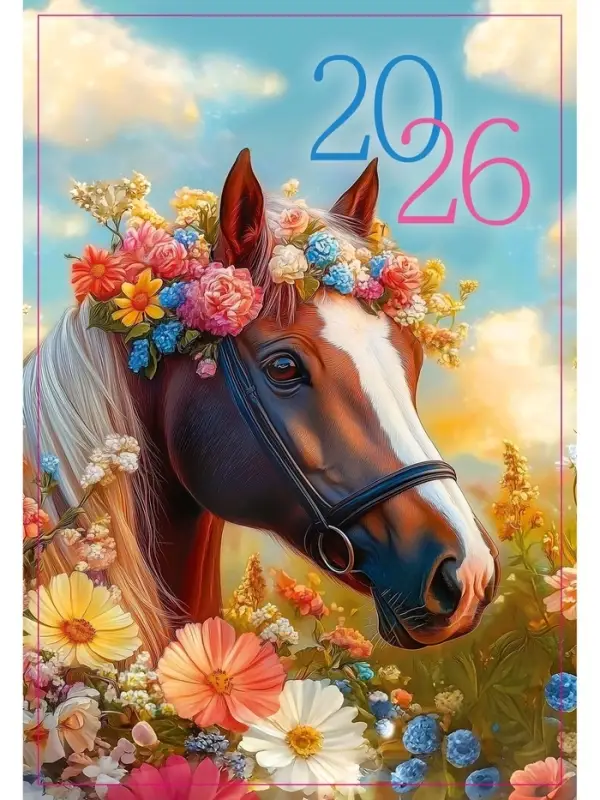 Календарь 2026 на пружине без ригеля «Лошадь с цветами» Календарь 2026 на пружине без ригеля «Лошадь с цветами»
