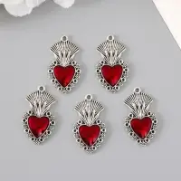 Декор для творчества металл "Красное сердце корона" серебро эмаль 3,6х2 см