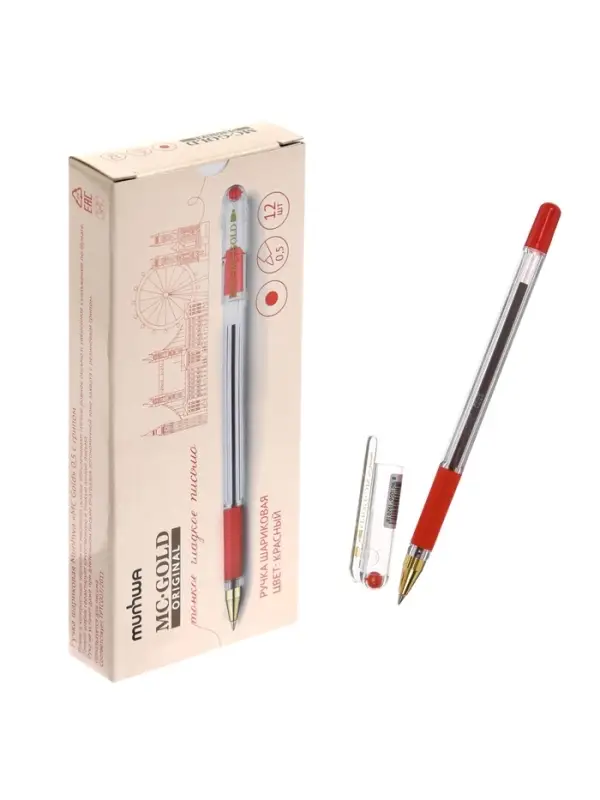 Ручка шариковая MunHwa. MC Gold, красный стержень, узел 0.5 мм, резиновый упор