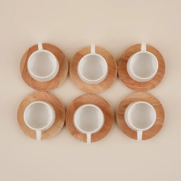 Сервиз чайный SL Home &laquo;Тренто&raquo;, 12 предметов: 6 чашек 90 мл, 6 деревянных подставок, фарфор, белый