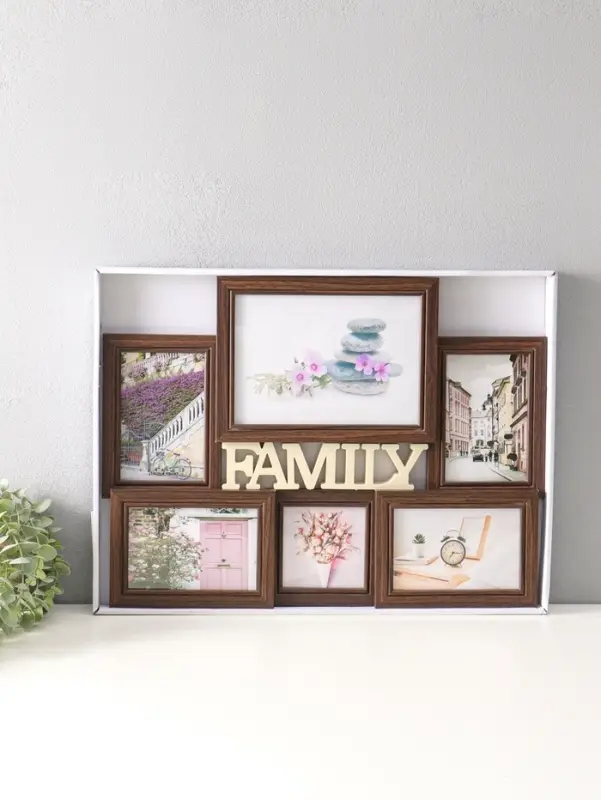 Фоторамка пластик на 6 фото 10х10, 10х15, 15х20 "Семья" тёмное дерево 49х36 см