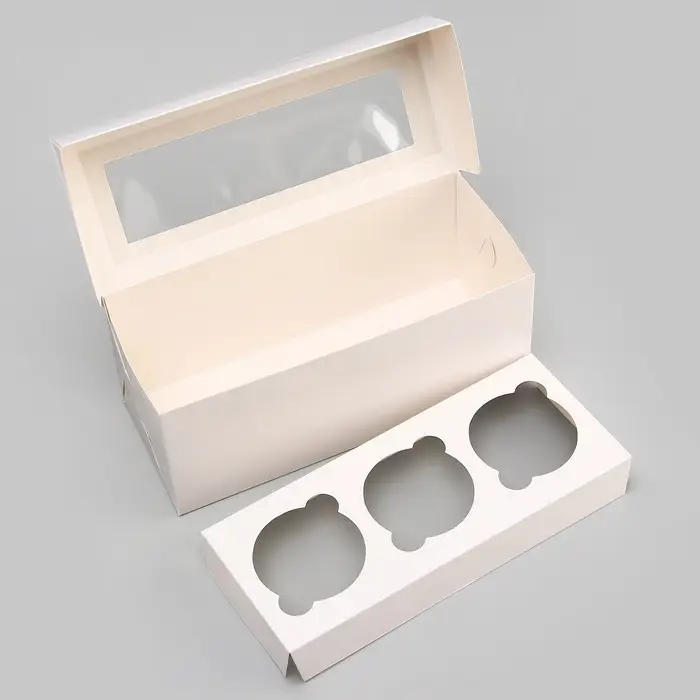 Коробка для 3 капкейка с окном, целлюлоза, белый, 25&times;10&times;10 см