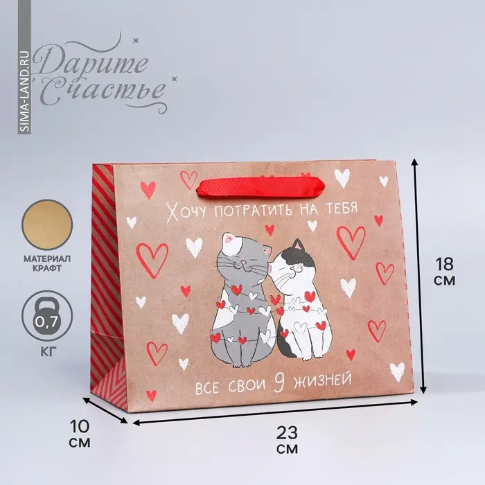 Пакет подарочный крафтовый, упаковка, «Потрачу девять жизней», MS 18 х 23 х 8 см Пакет подарочный крафтовый, упаковка, «Потрачу девять жизней», MS 18 х 23 х 8 см