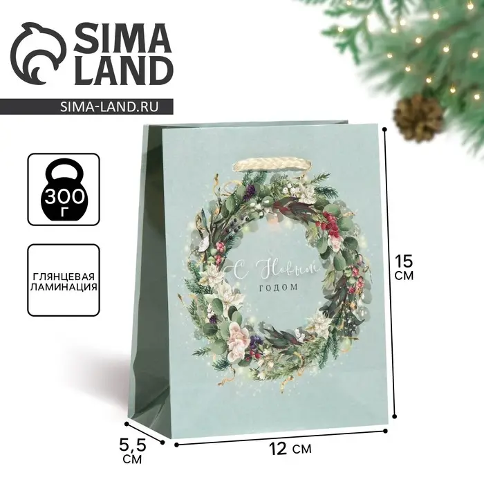 Пакет подарочный новогодний ламинированный «Новогодний венок», S 11.5 х 14.5 х 5.5 см Пакет подарочный новогодний ламинированный «Новогодний венок», S 11.5 х 14.5 х 5.5 см