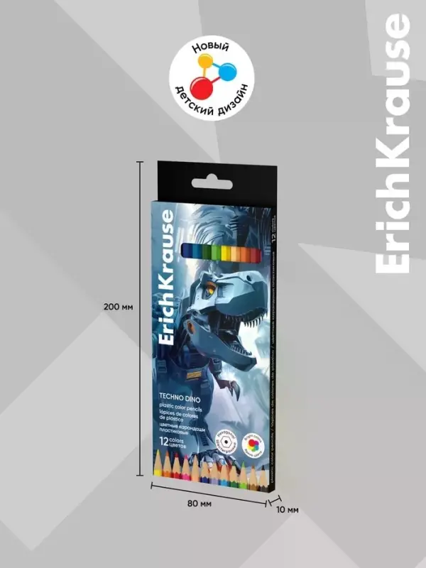 Карандаши 12цв, ErichKrause "Techno Dino", пластик, шестигр., европодвес