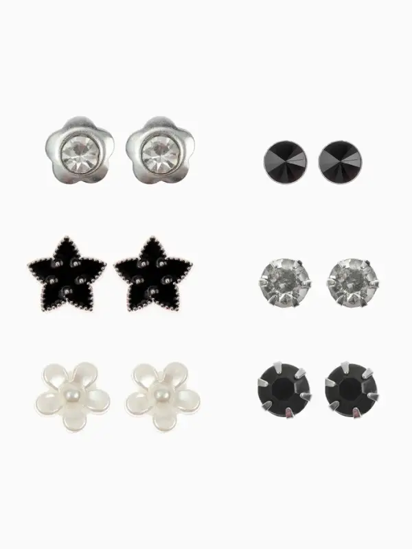 Серьги пусеты QF &laquo;Романтика&raquo;, 6 пар, цветочки, чёрно-белый в серебре